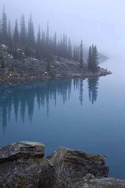 Moraine Lake with fog, Banff National Park, UNESCO World Heritage Site, Alberta, Canada, North America