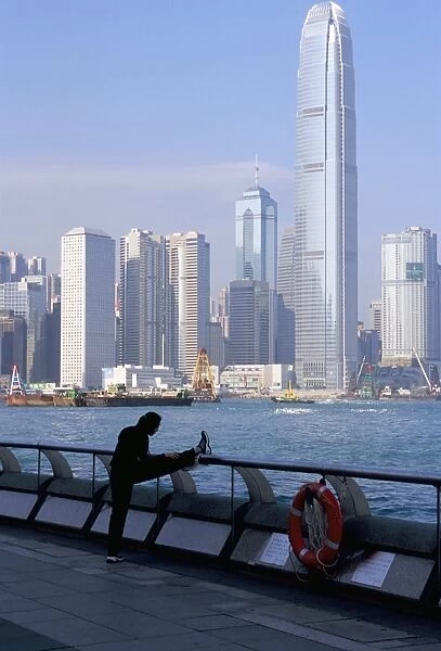 Morning exercise, Victoria Harbour and Two IFC Tower, Hong Kong, China, Asia