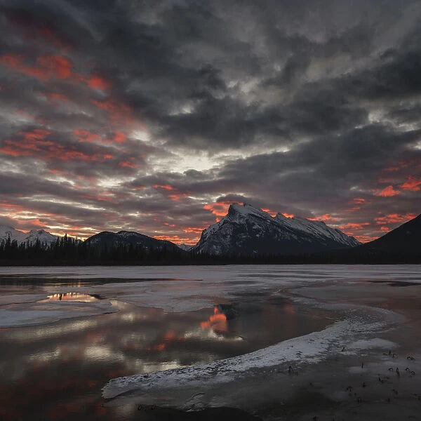 Morning glow in winter landscape of Vermilion Lakes, Banff National Park, UNESCO