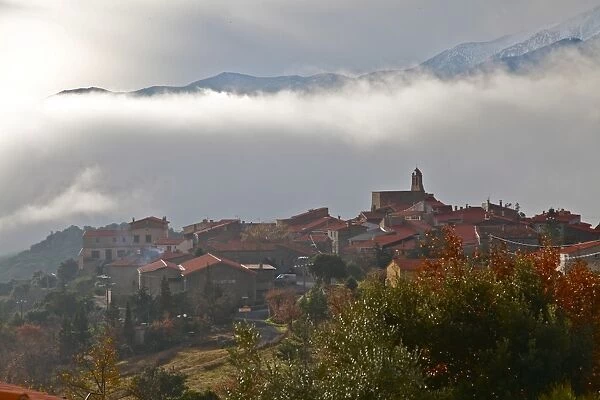 Morning mist in Arboussols, a village in the Pyrenees, Pyrenees-Orientales, Languedoc-Roussillon, France, Europe