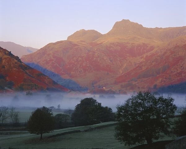 Morning mist, Great Langdale from Chapel Stile, Langdale Pikes in early morning light