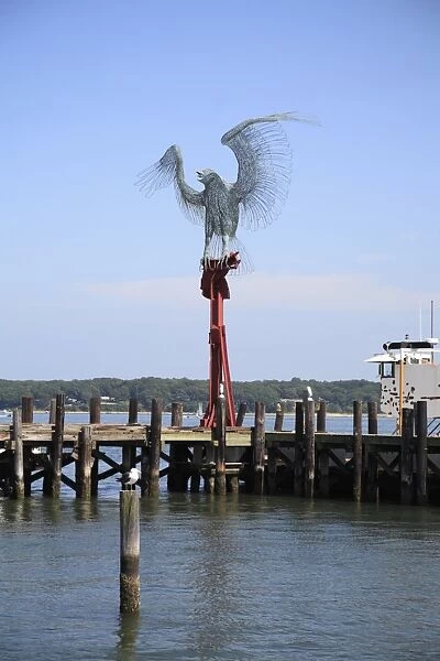 Morning Call Sculpture, 9  /  11 memorial of an osprey on a perch made from beams from the World Trade Center, Greenport, Long Island, North Fork, New York, United States of America