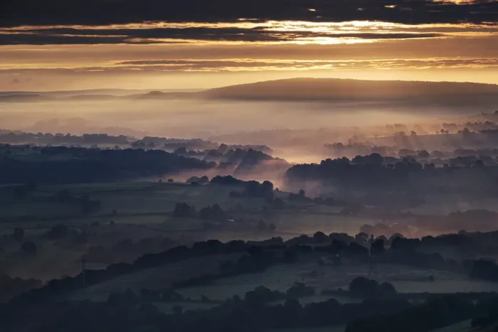 Framed Print : Morning sunbeams and early morning fog cover the Cheshire Plain at sunrise, from Bosley Cloud, Cheshire, England, United Kingdom, Europe Framed Print : Morning sunbeams and early morning fog cover the Cheshire Plain at sunrise, from Bosley Cloud, Cheshire, England, United Kingdom, Europe