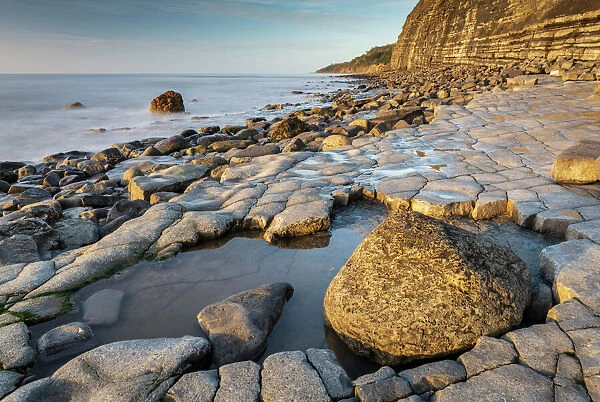 Morning sunlight lighting up the Ammonite Pavement near Lyme Regis, Dorset, England, United Kingdom, Europe