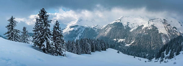 Morzine Ski Area, Snowy winter mountain landscape, Port du Soleil, Auvergne Rhone Alpes