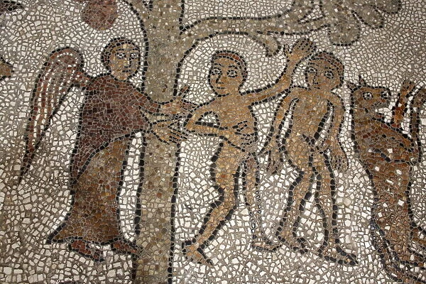 Mosaic of Adam and Eve after the fall, on the floor of the central nave