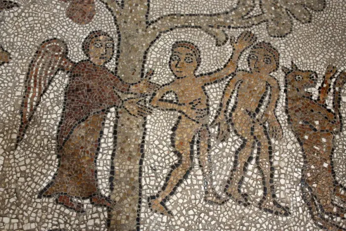 Framed Print : Mosaic of Adam and Eve after the fall, on the floor of the central nave Framed Print : Mosaic of Adam and Eve after the fall, on the floor of the central nave
