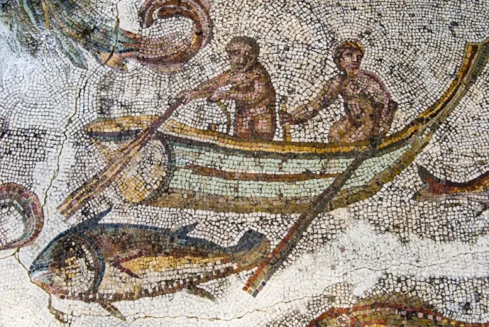 Framed Print : Mosaic of fishermen, Utica Punic and Roman archaeological site, Tunisia, North Africa, Africa