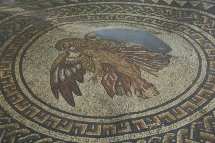 Framed Print : Mosaic floor figure with bird of prey, 350 AD Roman Villa at Bignor, West Sussex Framed Print : Mosaic floor figure with bird of prey, 350 AD Roman Villa at Bignor, West Sussex