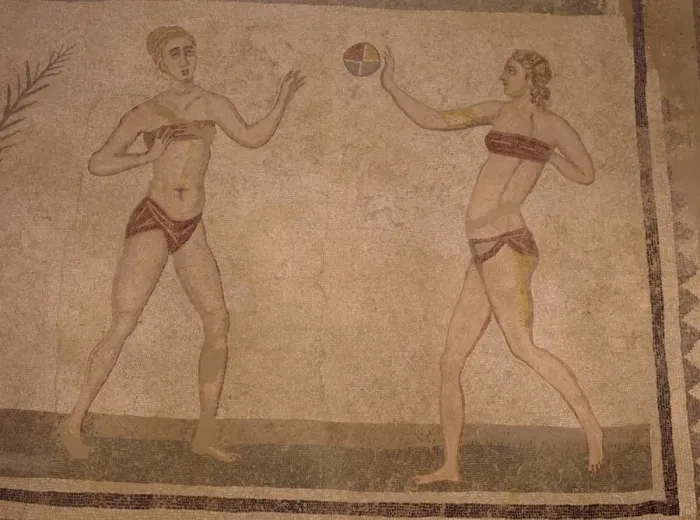 Framed Print : Mosaic Girls in bikinis (doing gymnastics) 4th century AD Framed Print : Mosaic Girls in bikinis (doing gymnastics) 4th century AD