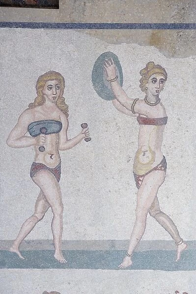 Mosaic of girls in bikinis, Villa Romana del Casale, Piazza Armerina, UNESCO World Heritage Site, Sicily, Italy, Europe