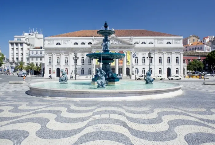 Framed Print : Mosaic paving and fountain with Lisbon Opera House in the background Framed Print : Mosaic paving and fountain with Lisbon Opera House in the background
