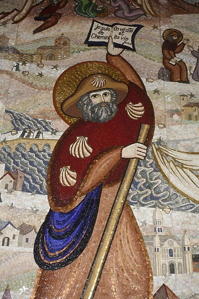 Mosaic of pilgrim on road to Santiago da Compostela, Lyon, Rhone, France, Europe