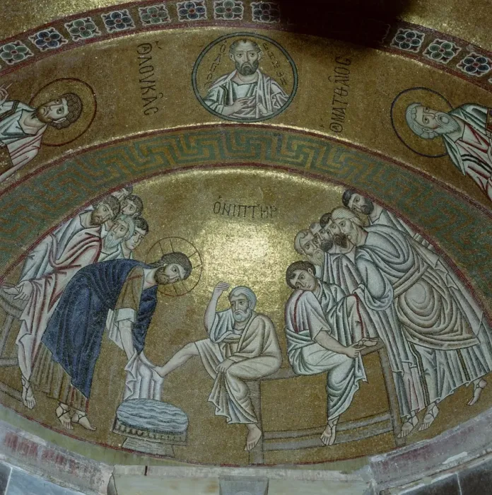 Framed Print : Mosaic showing Jesus Christ washing the feet of Peter