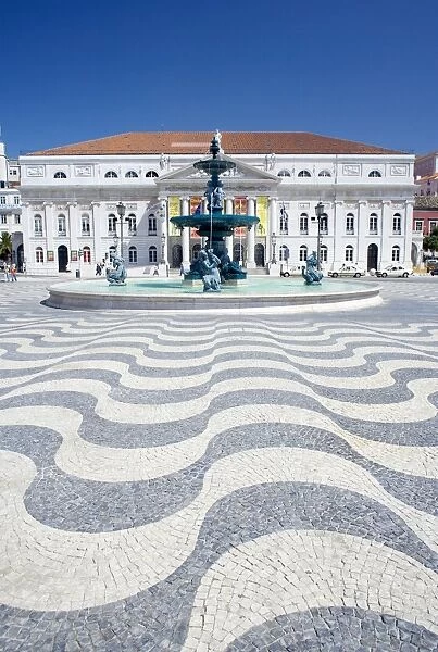 Mosaics and fountain with Lisbon Opera House in the background