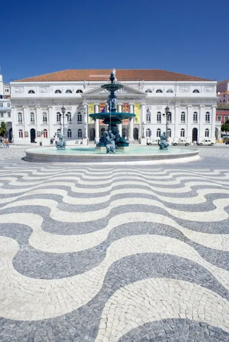 Framed Print : Mosaics and fountain with Lisbon Opera House in the background Framed Print : Mosaics and fountain with Lisbon Opera House in the background