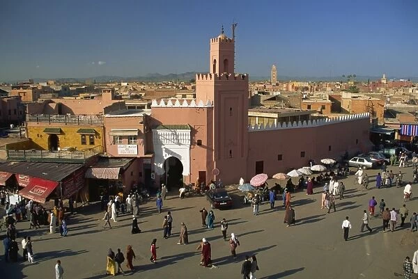 Mosque and Djemaa el Fna, Marrakesh, Morocco, North Africa, Africa