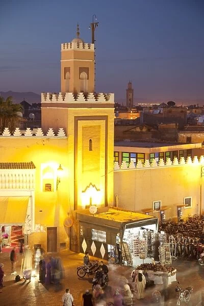 Mosque at dusk, Place Jemaa El Fna, Marrakesh, Morocco, North Africa, Africa