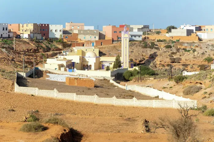 Framed Print : Mosque and houses in village of Sidi Boufdail, Mirleft, Morocco, North Africa, Africa Framed Print : Mosque and houses in village of Sidi Boufdail, Mirleft, Morocco, North Africa, Africa