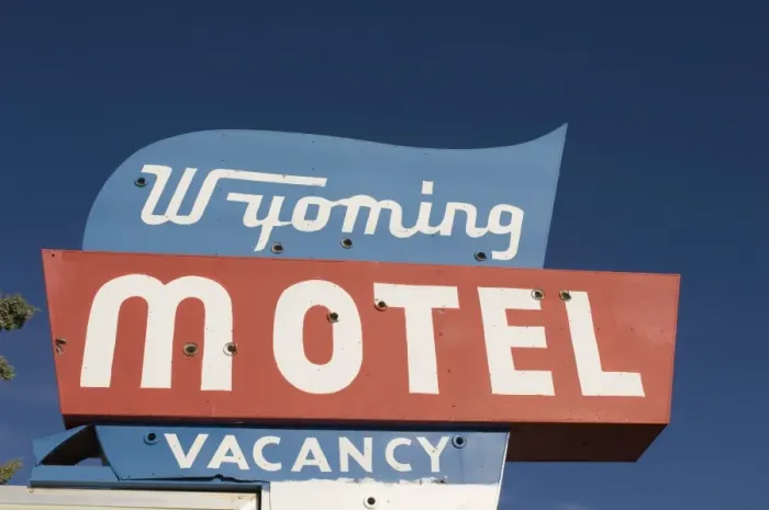 Framed Print : Motel sign, Wyoming, United States of America, North America Framed Print : Motel sign, Wyoming, United States of America, North America