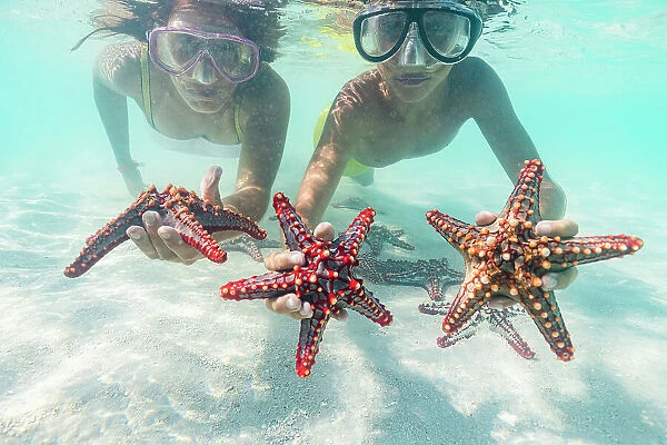 Mother and son with scuba masks showing red starfish underwater, Zanzibar, Tanzania, East Africa, Africa