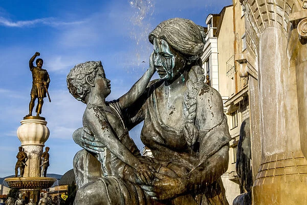 Mothers Fountain and Philip II statues, Skopje, Republic of Macedonia, Europe