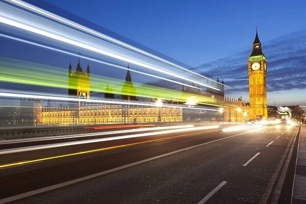 Motion blurred bus on Westminster Bridge and Houses of Parliament, London, England, United Kingdom, Europe