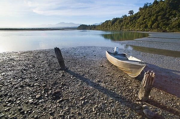 Motor boat, Okarito Lagoon, West Coast, South Island, New Zealand, Pacific