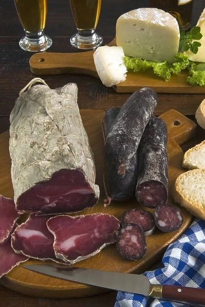 Motsetta (Motzetta) (Mocetta), chamois or beef meat salted, seasoned and dried, Boudin sausages and goat cheese, Italy, Europe