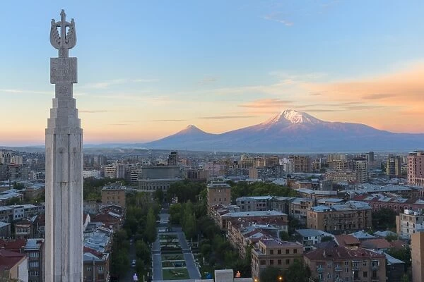 Mount Ararat and Yerevan viewed from Cascade at sunrise, Yerevan, Armenia, Central Asia