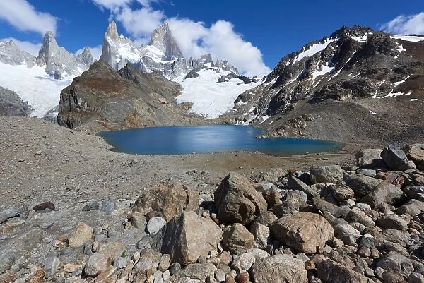 Mount Fitz Roy with Lago de los Tres near its summit in Patagonia, Argentina, South