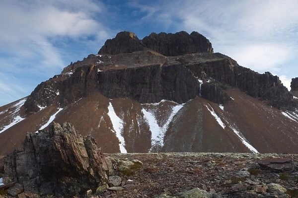 Mount Geitfell, 587m, , spectacular eroded peak on east shore of Borgarfjordur Eystri fjord