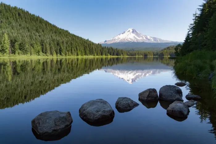 Framed Print : Mount Hood, part of the Cascade Range, perfectly reflected in the still waters of Trillium Lake Framed Print : Mount Hood, part of the Cascade Range, perfectly reflected in the still waters of Trillium Lake