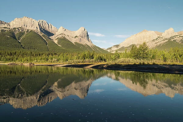 Mount Lawrence Grassi and Ha Ling Peak with the Bow River at sunrise, Canmore, Canadian Rockies, Alberta, Canada, North America