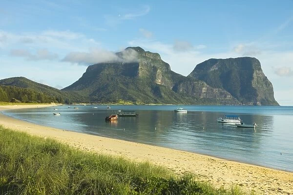 Mount Lidgbird on the left and Mount Gower by the lagoon with the worlds most southerly coral reef, on this 10km long volcanic island in the Tasman Sea, Lord Howe Island, UNESCO World Heritage Site, New South Wales