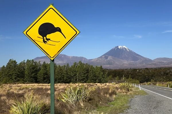 Mount Ngauruhoe with Kiwi crossing sign, Tongariro National Park, UNESCO World Heritage Site, North Island, New Zealand, Pacific