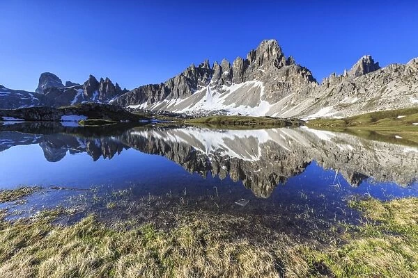 Mount Paterno reflected in Laghi dei Piani, Sesto, Dolomites, Trentino-Alto Adige