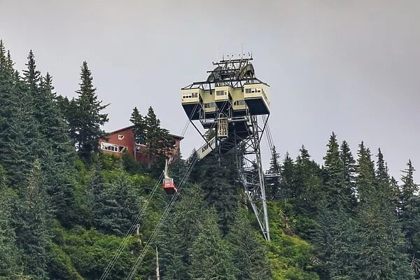 Mount Roberts Tramway cable car approaches top station, surrounded by forest, Juneau