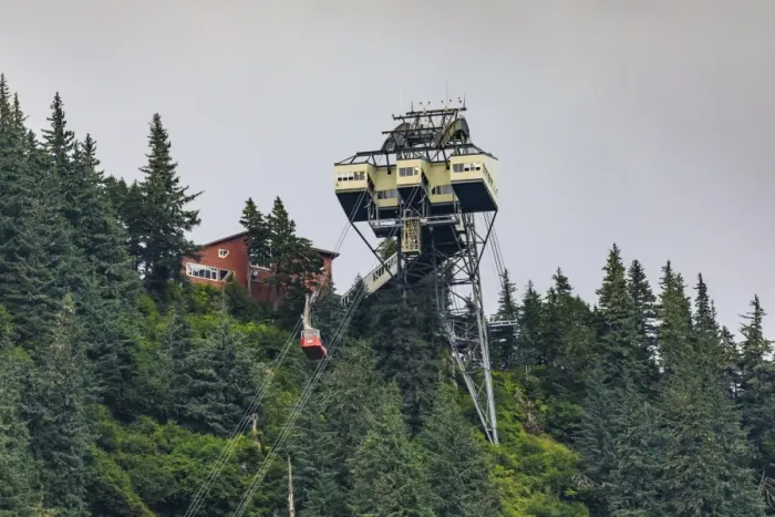 Framed Print : Mount Roberts Tramway cable car approaches top station, surrounded by forest, Juneau Framed Print : Mount Roberts Tramway cable car approaches top station, surrounded by forest, Juneau