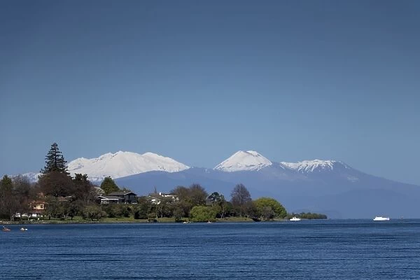 Mount Ruapehu, Ngauruhoe and Tongariro (active volcanoes) from Lake Taupo, North Island