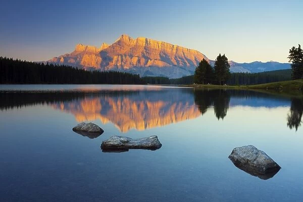 Mount Rundle reflected in Two Jack Lake at sunrise, Banff National Park, UNESCO World Heritage Site, Alberta, Rocky Mountains, Canada, North America