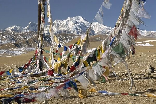 Mount Shishaoangma, 8038m, and colourful prayer flags in Tibet, China, Asia