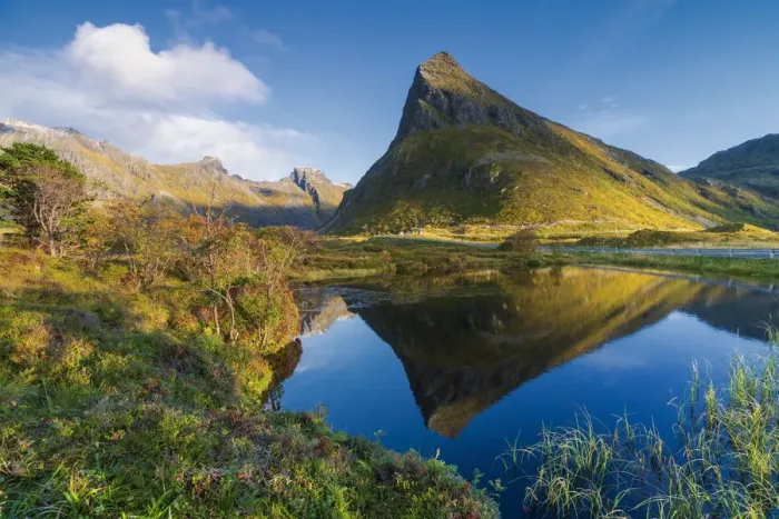 Framed Print : Mount Volanstinden and fjord during autumn, Fredvang, Nordland county, Lofoten Islands Framed Print : Mount Volanstinden and fjord during autumn, Fredvang, Nordland county, Lofoten Islands