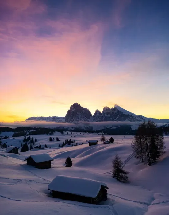 Framed Print : Mountain huts covered with snow at dawn with Sassopiatto and Sassolungo in background Framed Print : Mountain huts covered with snow at dawn with Sassopiatto and Sassolungo in background