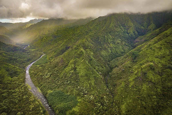 The mountainous Hanalei River Valley on Kauais north shore photographed from above