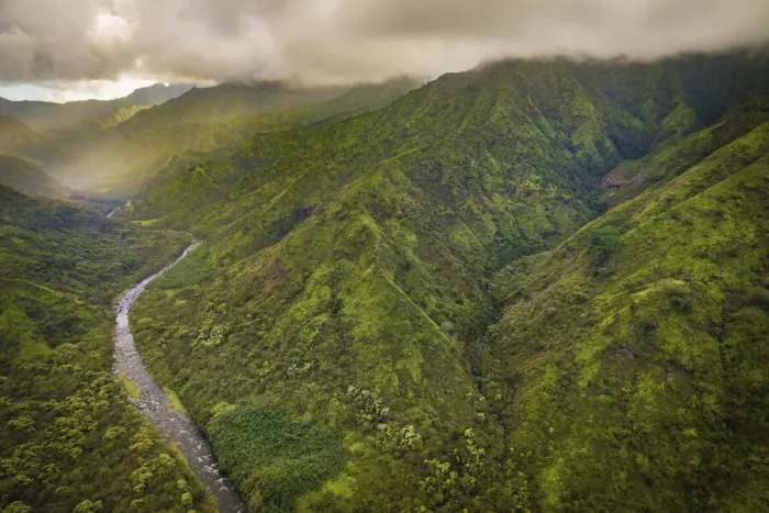 Framed Print : The mountainous Hanalei River Valley on Kauais north shore photographed from above Framed Print : The mountainous Hanalei River Valley on Kauais north shore photographed from above