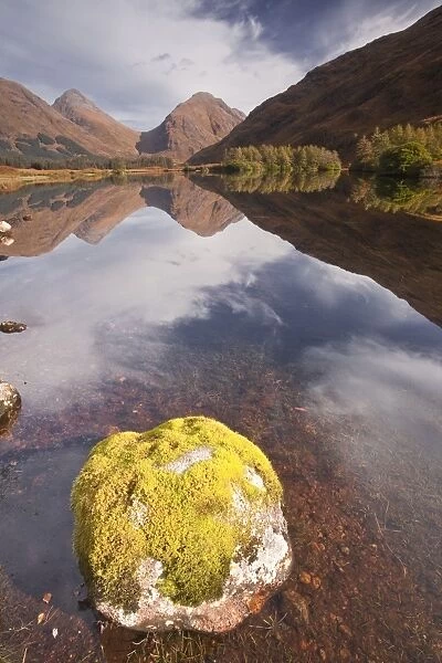 Mountains reflected in Lochan Urr in Glen Etive, Highlands, Scotland, United Kingdom, Europe