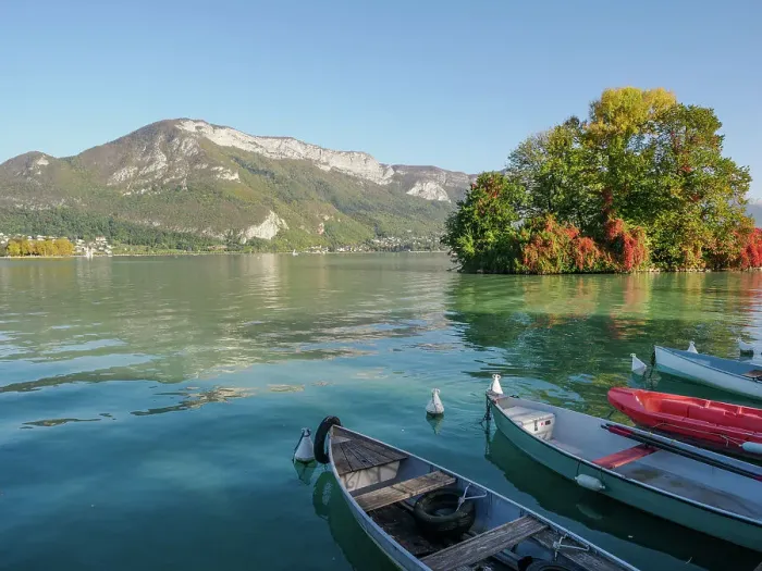 Framed Print : Mountains, small boats, and fall color on Lake Annecy, Annecy, Haute-Savoie, France, Europe Framed Print : Mountains, small boats, and fall color on Lake Annecy, Annecy, Haute-Savoie, France, Europe