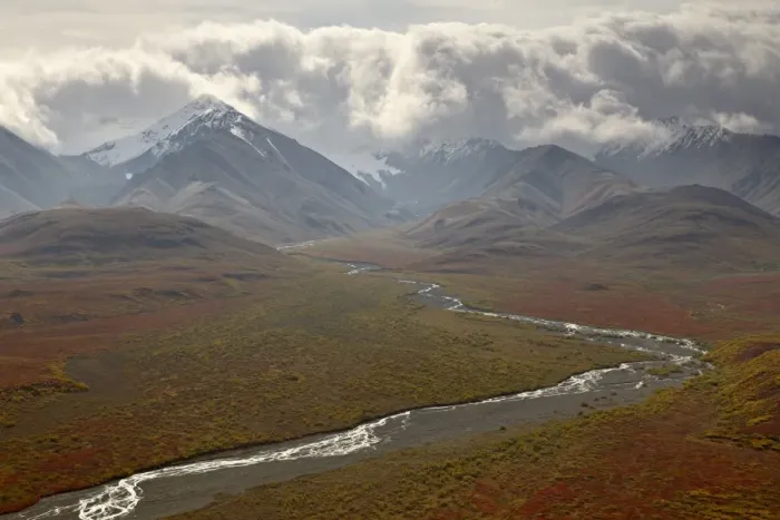 Framed Print : Mountains and a stream through the tundra in fall color, Denali National Park Framed Print : Mountains and a stream through the tundra in fall color, Denali National Park