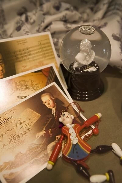 Mozart, souvenirs in shop window, Salzburg, Austria, Europe